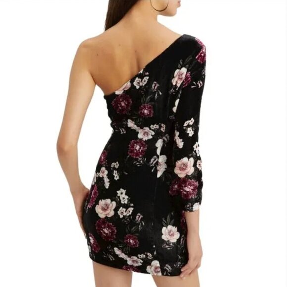 NICHOLAS Floral Black Velvet One Shoulder Mini Dress in Black Multicolor Size 6 - Picture 2 of 5